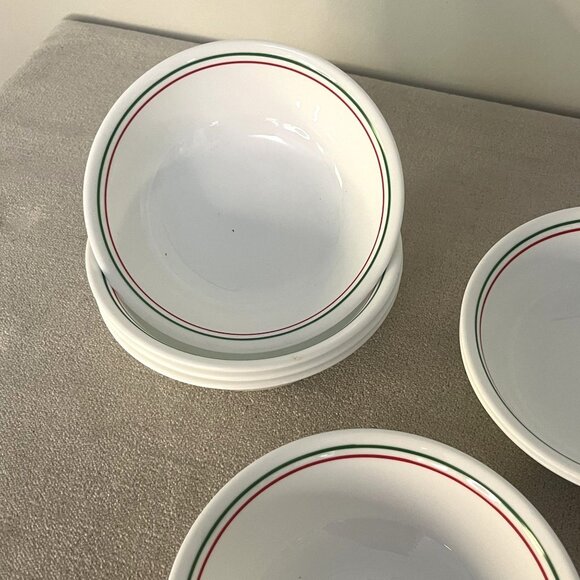 Corelle Set Of 7 White Bowl Dishware With Red & Green Stripe Rim - Picture 2 of 4